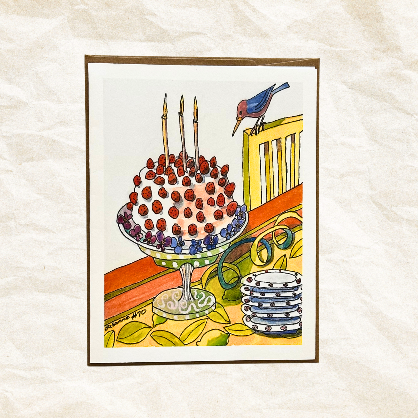 Artwork of a colorful cake with candles, a bird, and a stack of plates on a textured white background.