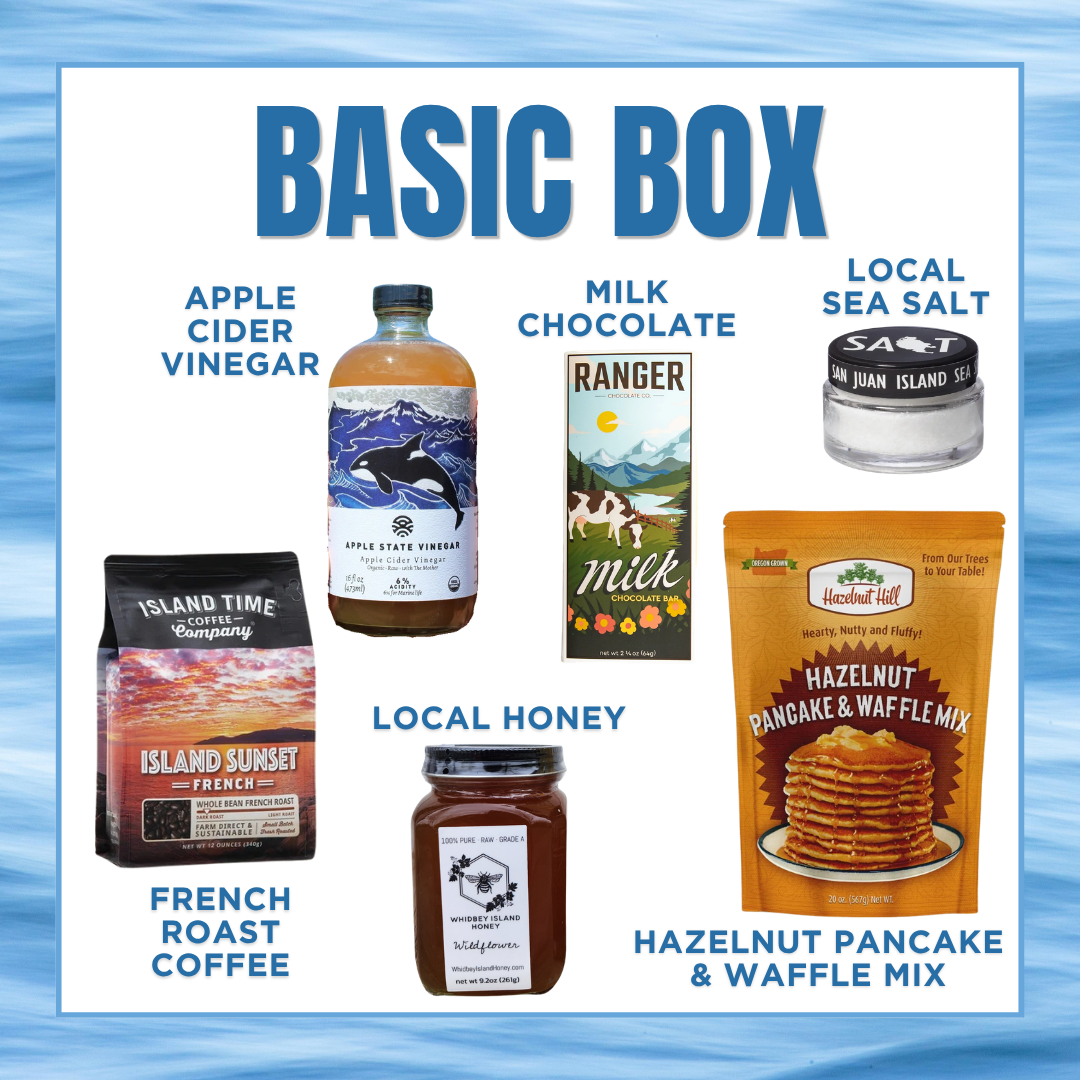 Basic Box with various food and beverage items on a blue gradient background