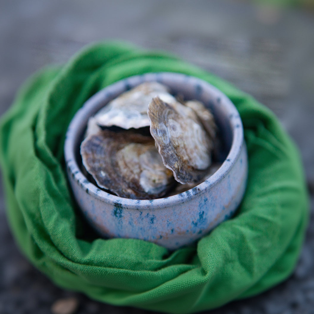 Light purple bowl of small oysters on a light green napkin