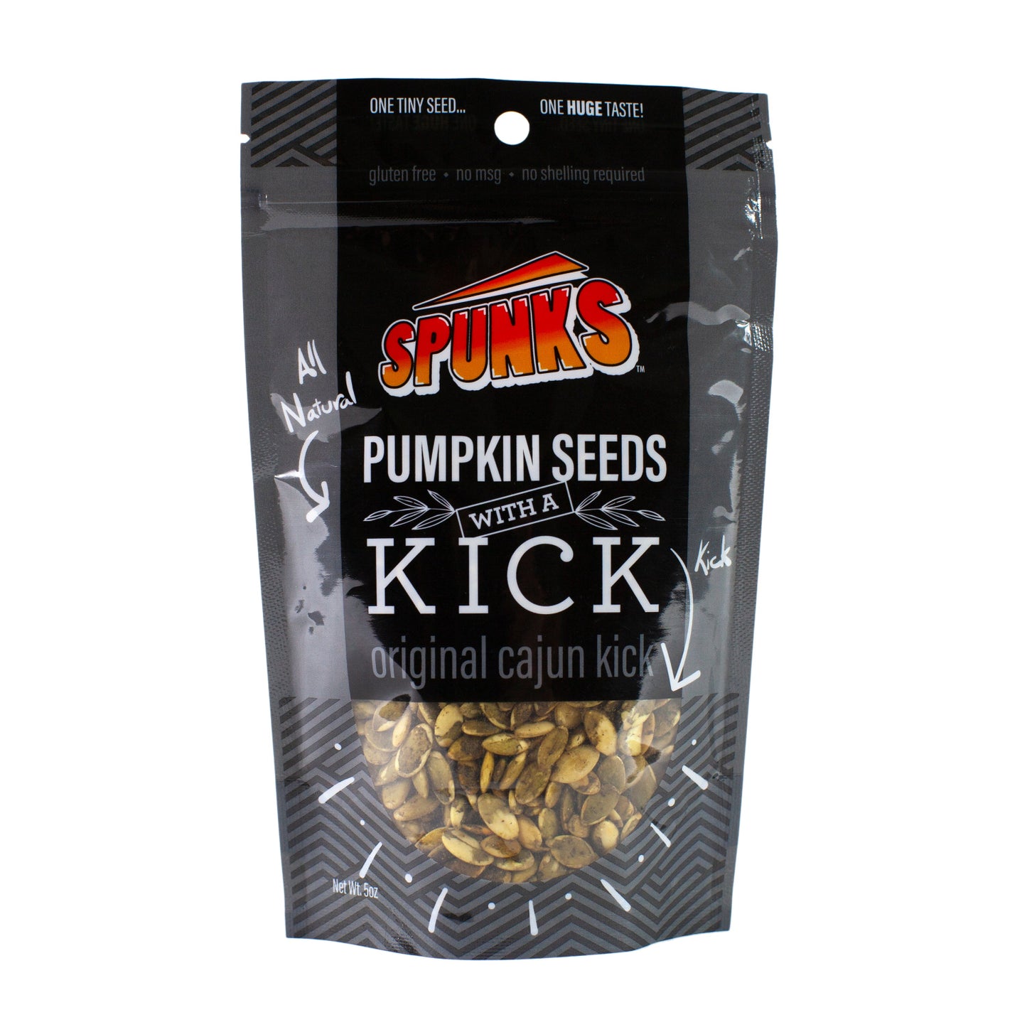 Bag of Spunks Pumpkin Seeds with a Kick on a white background