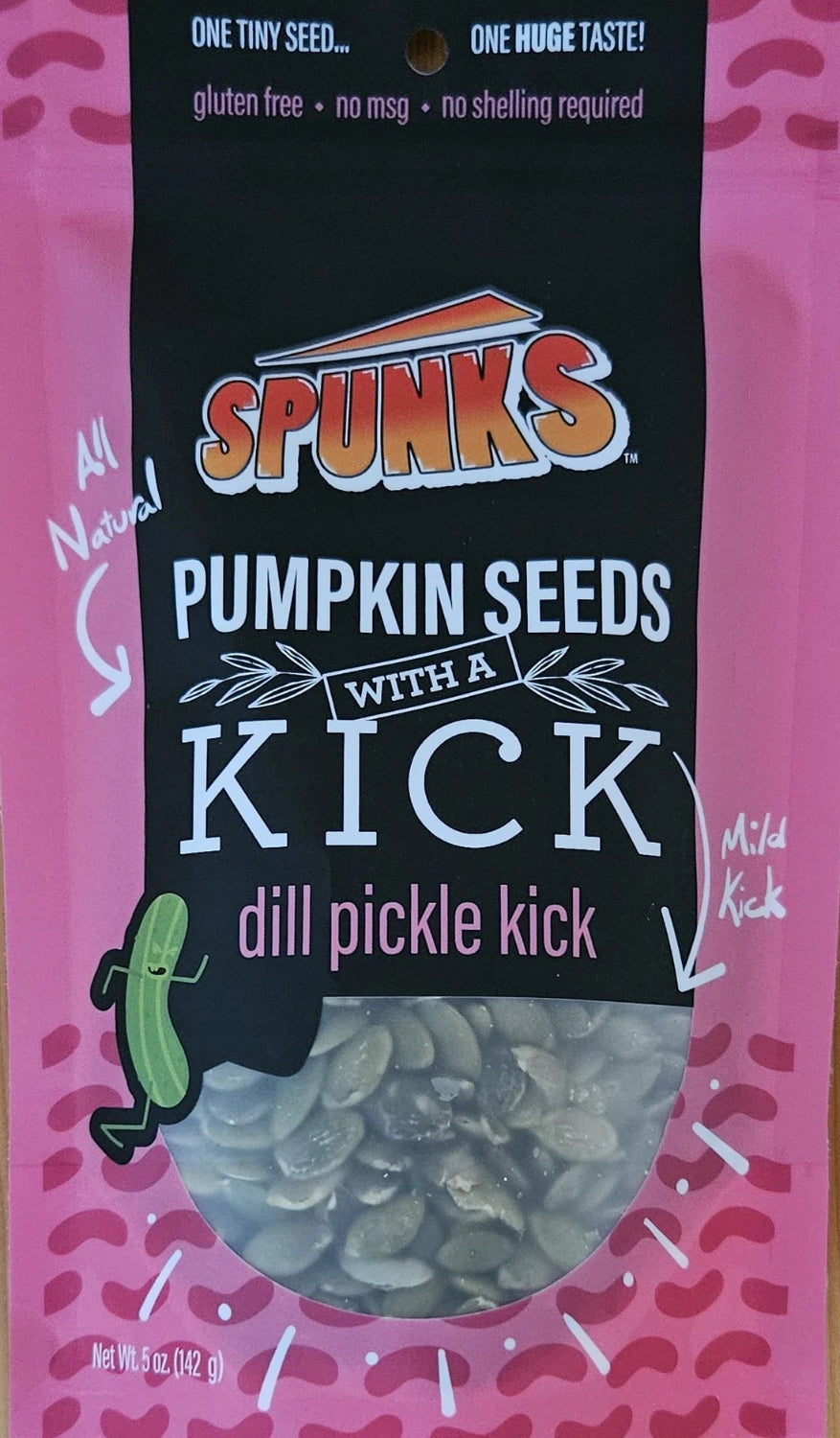Spunks pumpkin seeds with a kick packaging on a pink background
