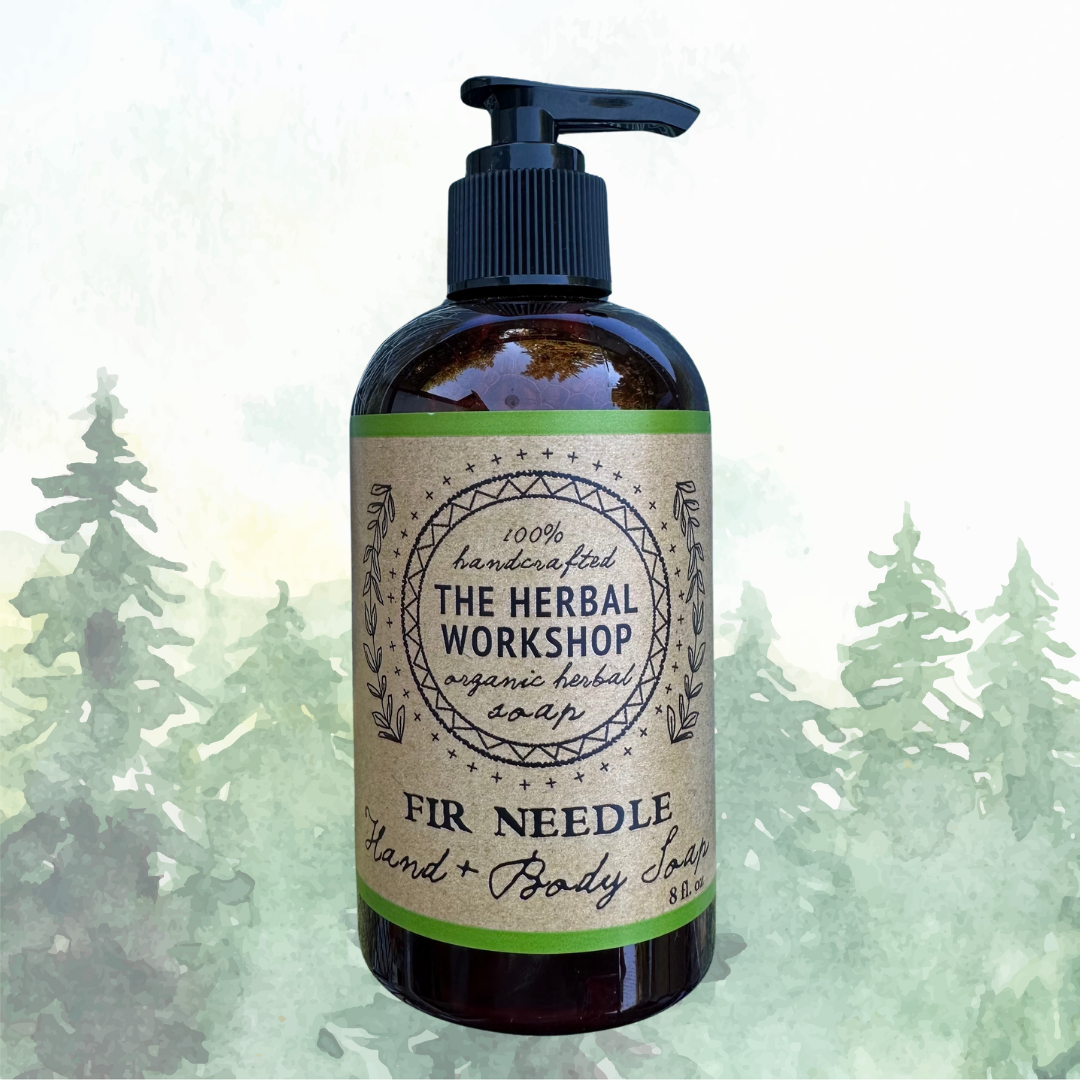 Bottle of Fir Needle hand and body soap from The Herbal Workshop with a forest background.