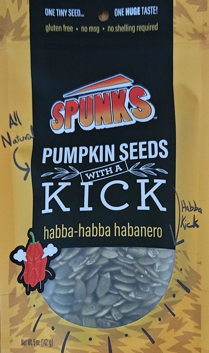 Spunks pumpkin seeds with habba-habana habanero flavor on a yellow background