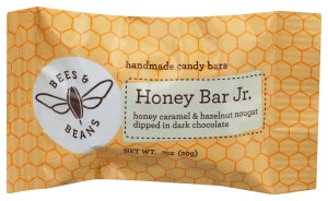Yellow packaging for Bees & Beans Honey Bar Jr. "handmade candy bars" "honey caramel & hazelnut nougat dipped in dark chocolate"