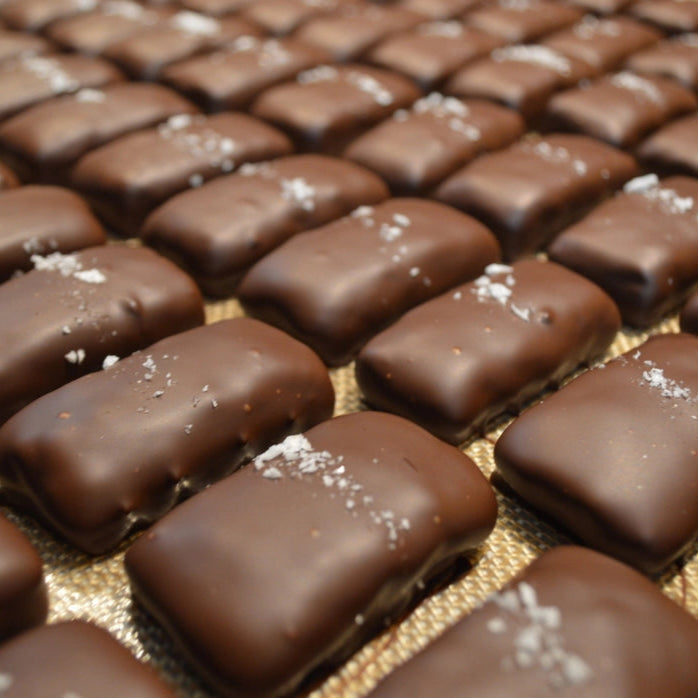 Rows of Honey Bar Jrs. - brown rectangles with a line of sea salt on top