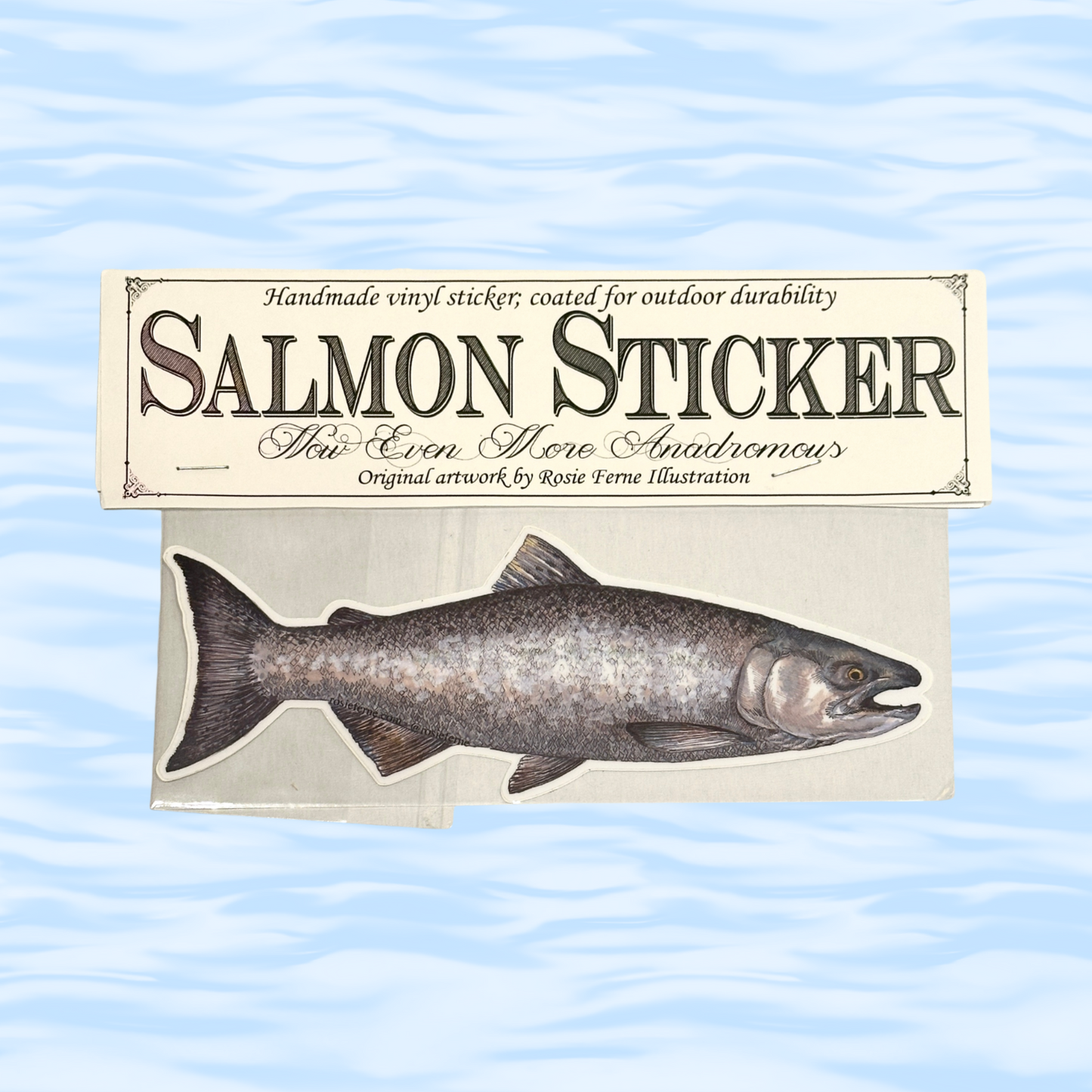 Salmon-shaped sticker on a card with text about the product on a wavy blue background