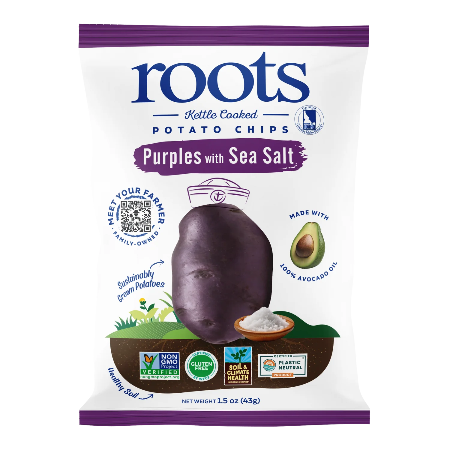 Package of Roots purple potato chips with sea salt on a white background