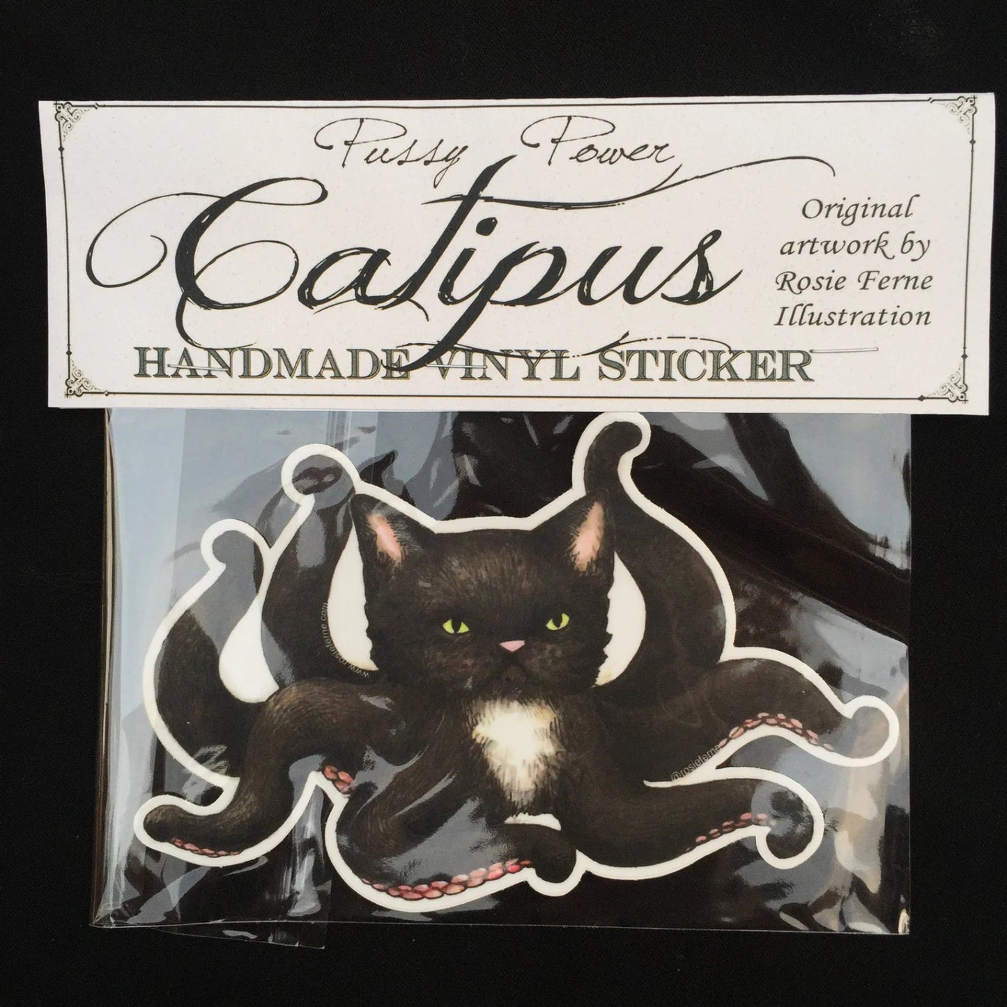 Black cat-shaped vinyl sticker on a white card with 'Catipus' branding against a light blue wavy background.