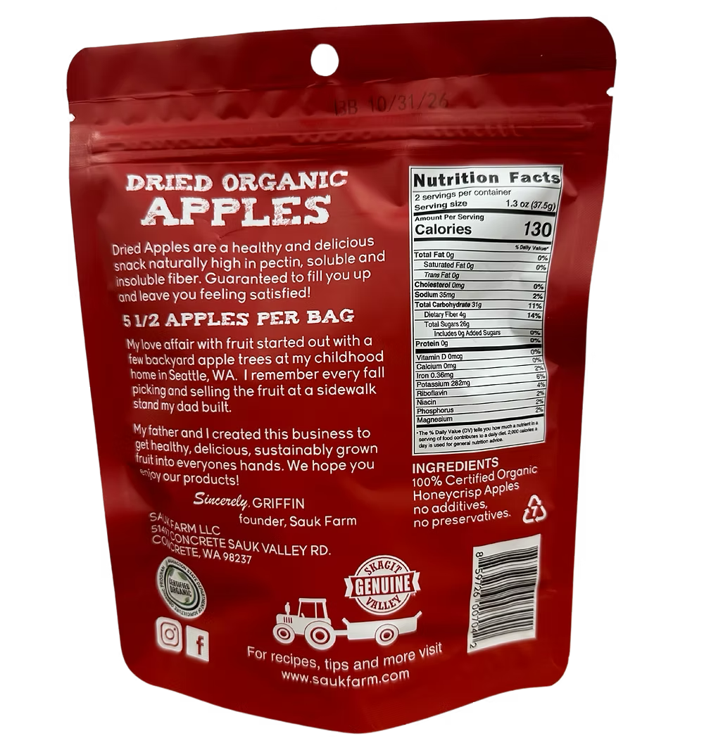 Red package of dried organic apples with text and nutrition label on a white background