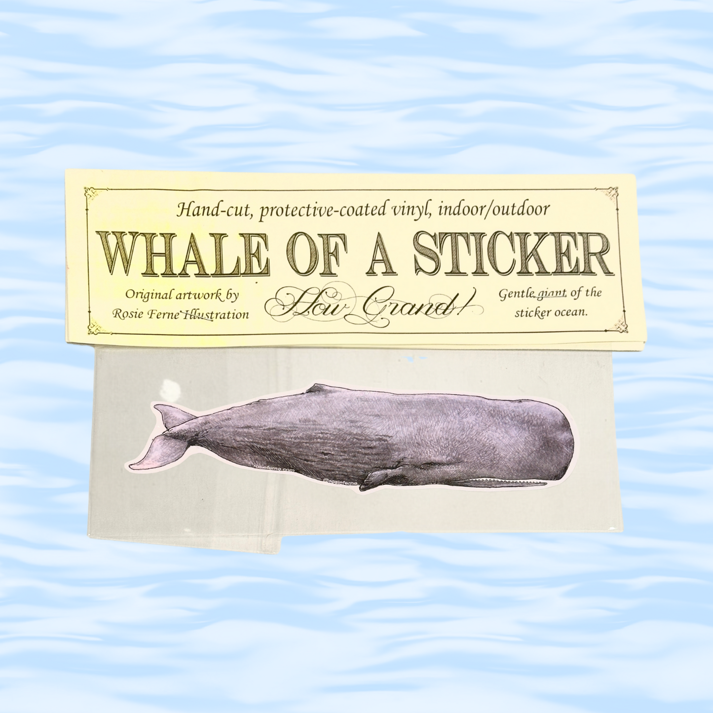 Whale-shaped sticker on a card with text about the product on a wavy blue background