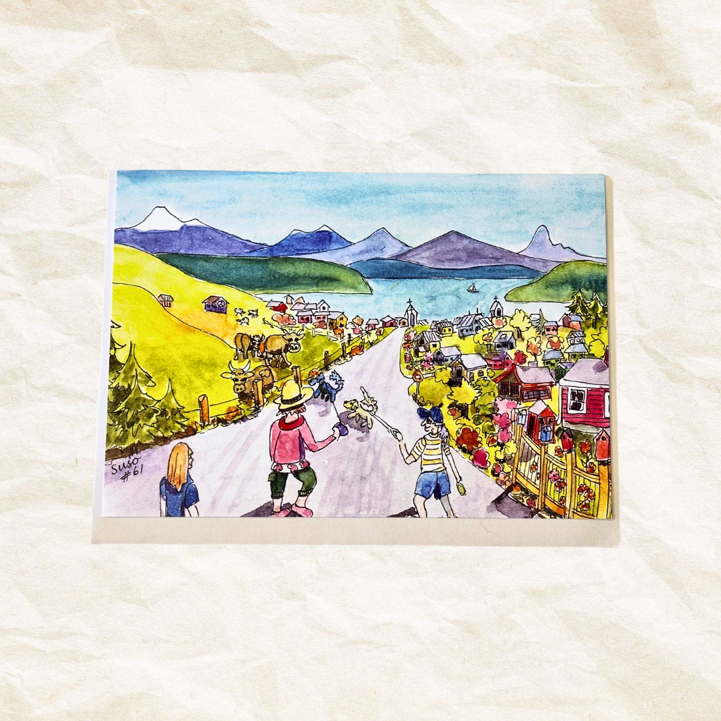 Colorful illustration of a village scene with people and animals on a textured white background
