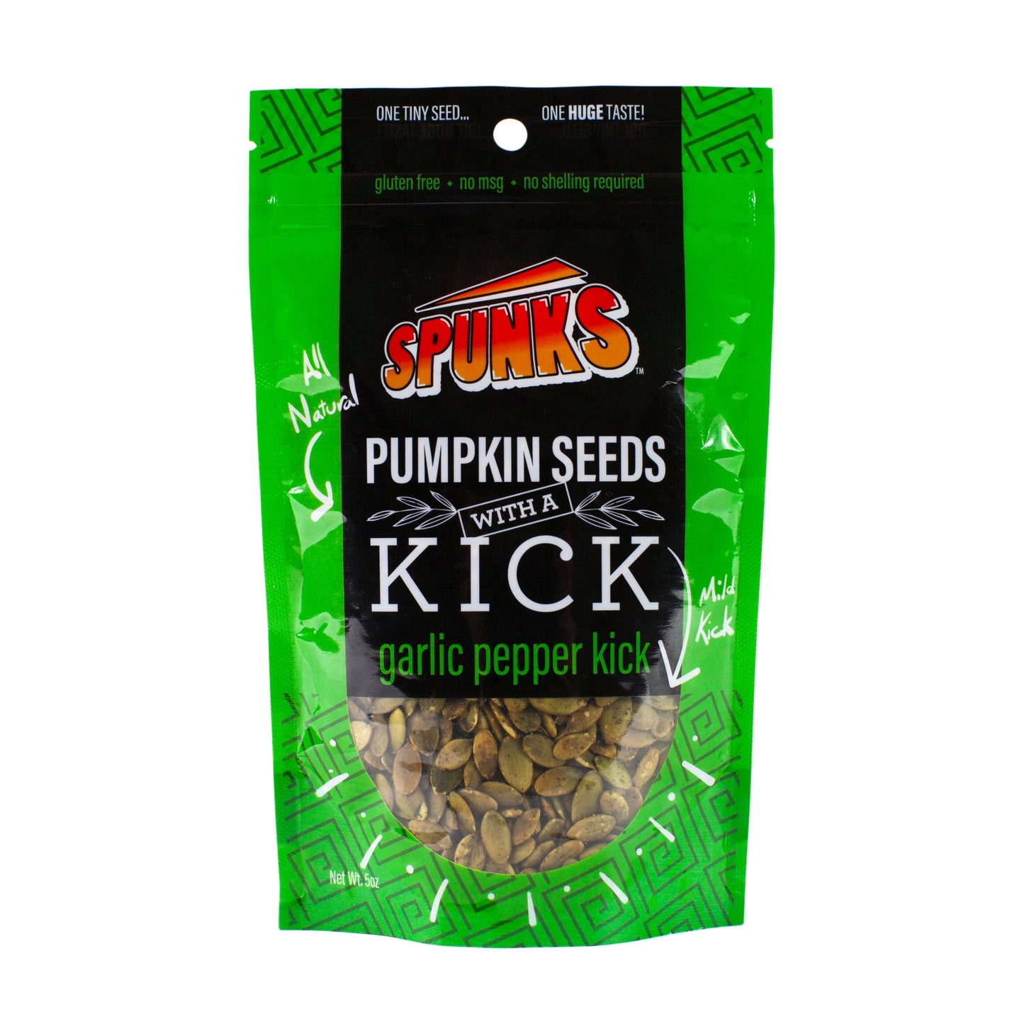 A green package of Spunk's Pumpkin Seeds with a Kick, indicating garlic pepper flavor, in a transparent window showing the seeds inside.