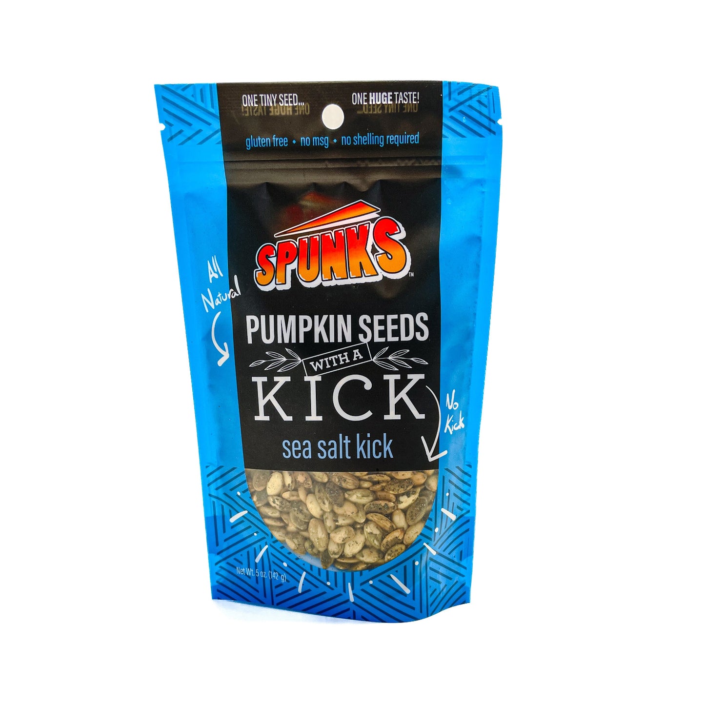 A blue bag of Spunk's Pumpkin Seeds with a 'Sea Salt Kick' flavor, displaying the product and its name on the front.