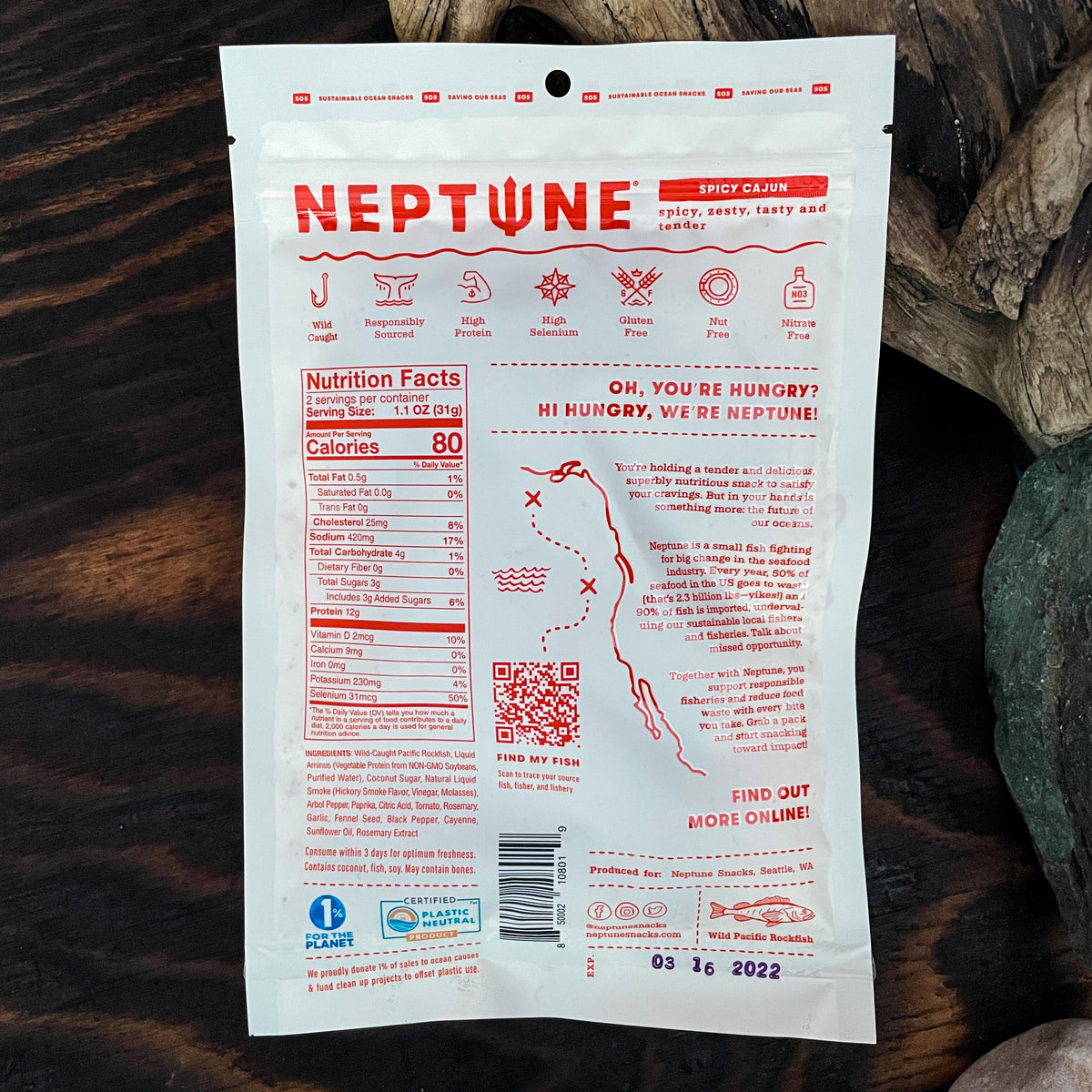 Spicy Cajun Rockfish Fish Jerky from Neptune Snacks Salinity Seafood