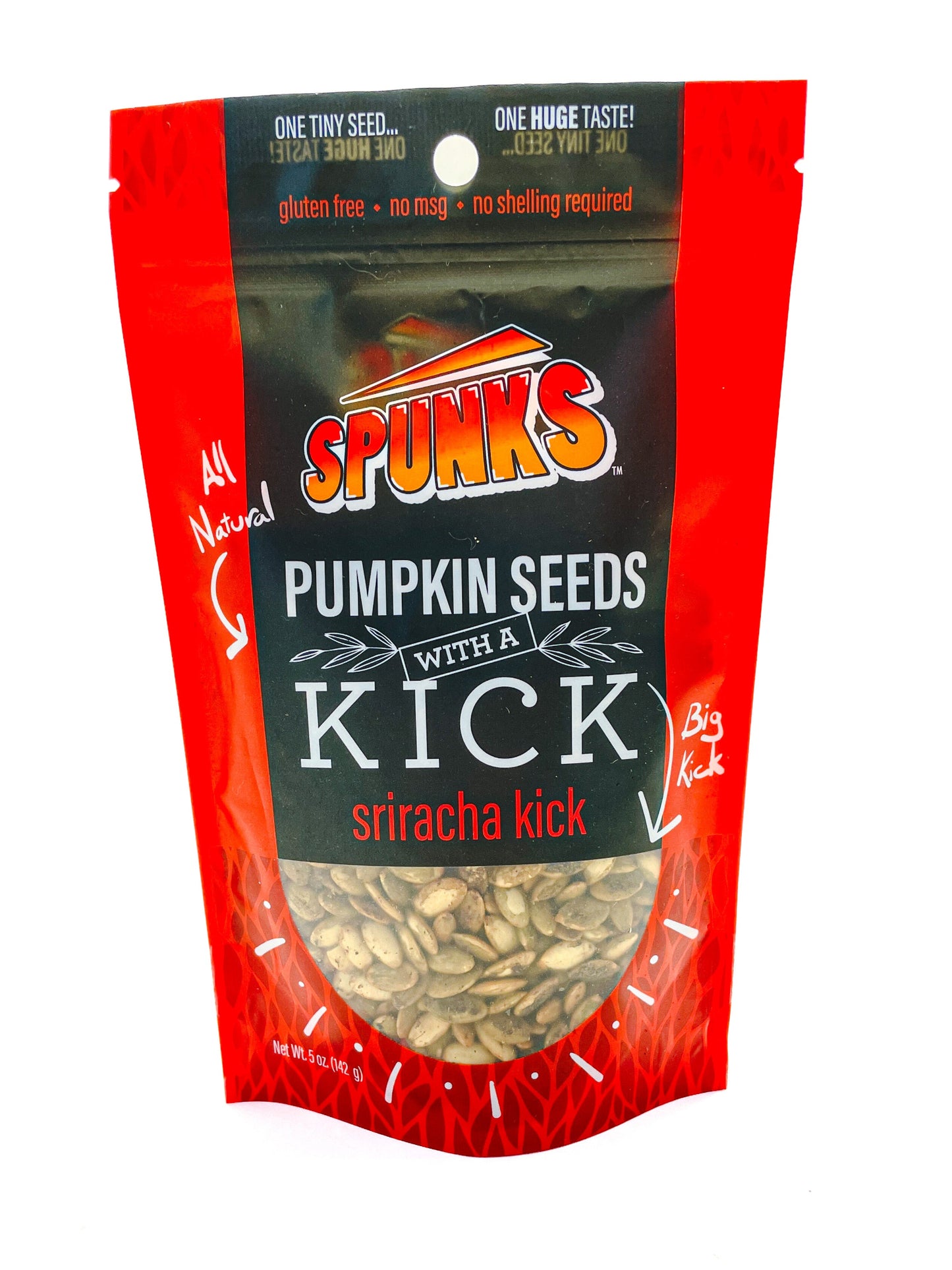 A red bag of Spunk's Pumpkin Seeds with a Kick, flavored with sriracha, on a white background.