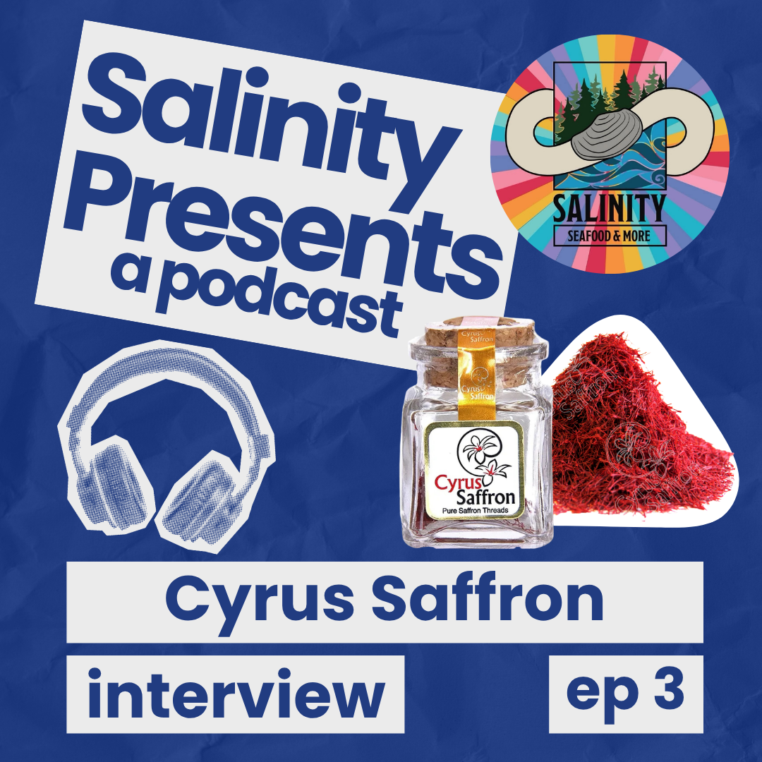 Blue background, text "Salinity Presents a podcast" "Rowan Jacobsen p1 interview ep 1" with image of headphones, a book titled "The Living Shore" and a rainbow logo for Salinity Seafood & More