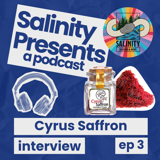 Blue background, text "Salinity Presents a podcast" "Rowan Jacobsen p1 interview ep 1" with image of headphones, a book titled "The Living Shore" and a rainbow logo for Salinity Seafood & More