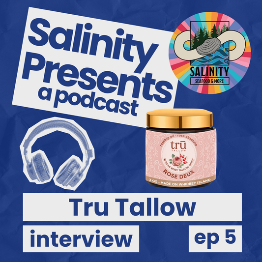 Blue background with Salinity logo, photo of a round jar with a gold lid and pink label that says "tru ROSE DEUX", image of headphones, and the words "Salinity Presents a podcast - Tru Tallow interview ep 4"