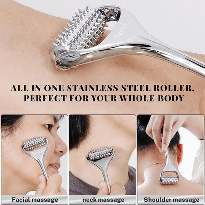 Stainless steel roller being used on various parts of a person's body with text highlighting its versatility.
