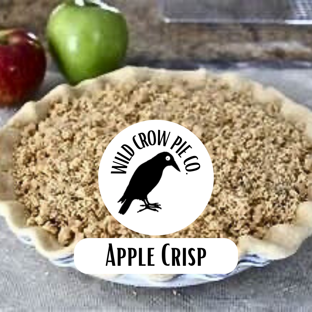 Apple crisp pie with 'Wild Crow Pie Co.' logo and 'Apple Crisp' text.