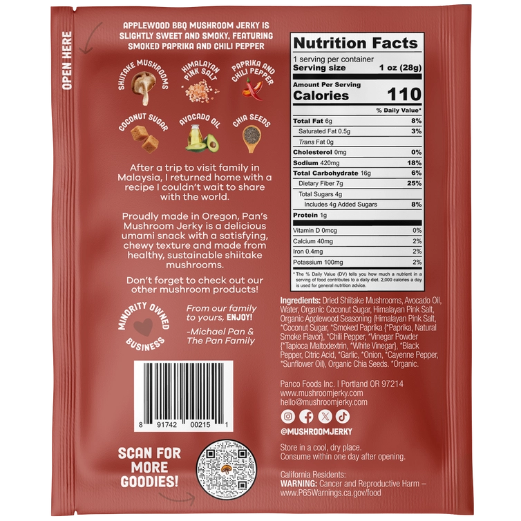 Back of a 4 oz package of Pan's Applewood BBQ Mushroom Jerky, showing nutrition facts, ingredients, and branding on a reddish-brown background.