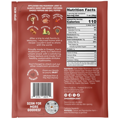 Back of a 4 oz package of Pan's Applewood BBQ Mushroom Jerky, showing nutrition facts, ingredients, and branding on a reddish-brown background.