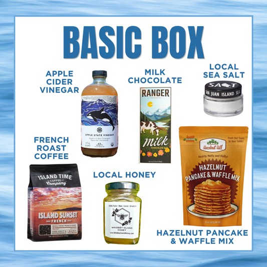 Basic Box with various food and beverage items on a blue gradient background