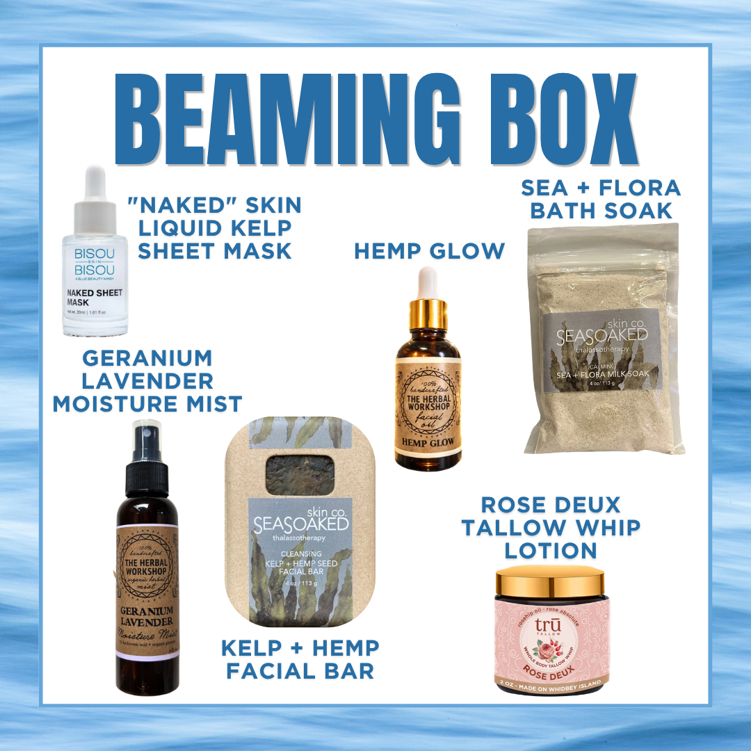 Beaming Box product lineup with various skincare and wellness items on a blue gradient background.