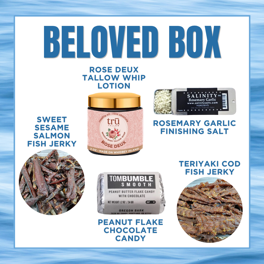 Product display of 'Beloved Box' with various items including fish jerky, lotion, and candy.