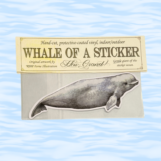Whale-shaped sticker on a card with text about the product on a wavy blue background