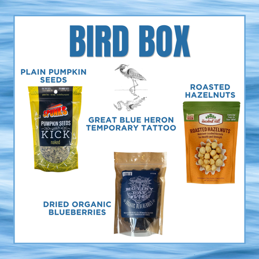 Bird Box product line with pumpkin seeds, hazelnuts, blueberries, and temporary tattoo on a blue background.