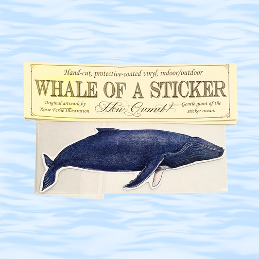 Whale-shaped sticker on a card with text about the product on a wavy blue background