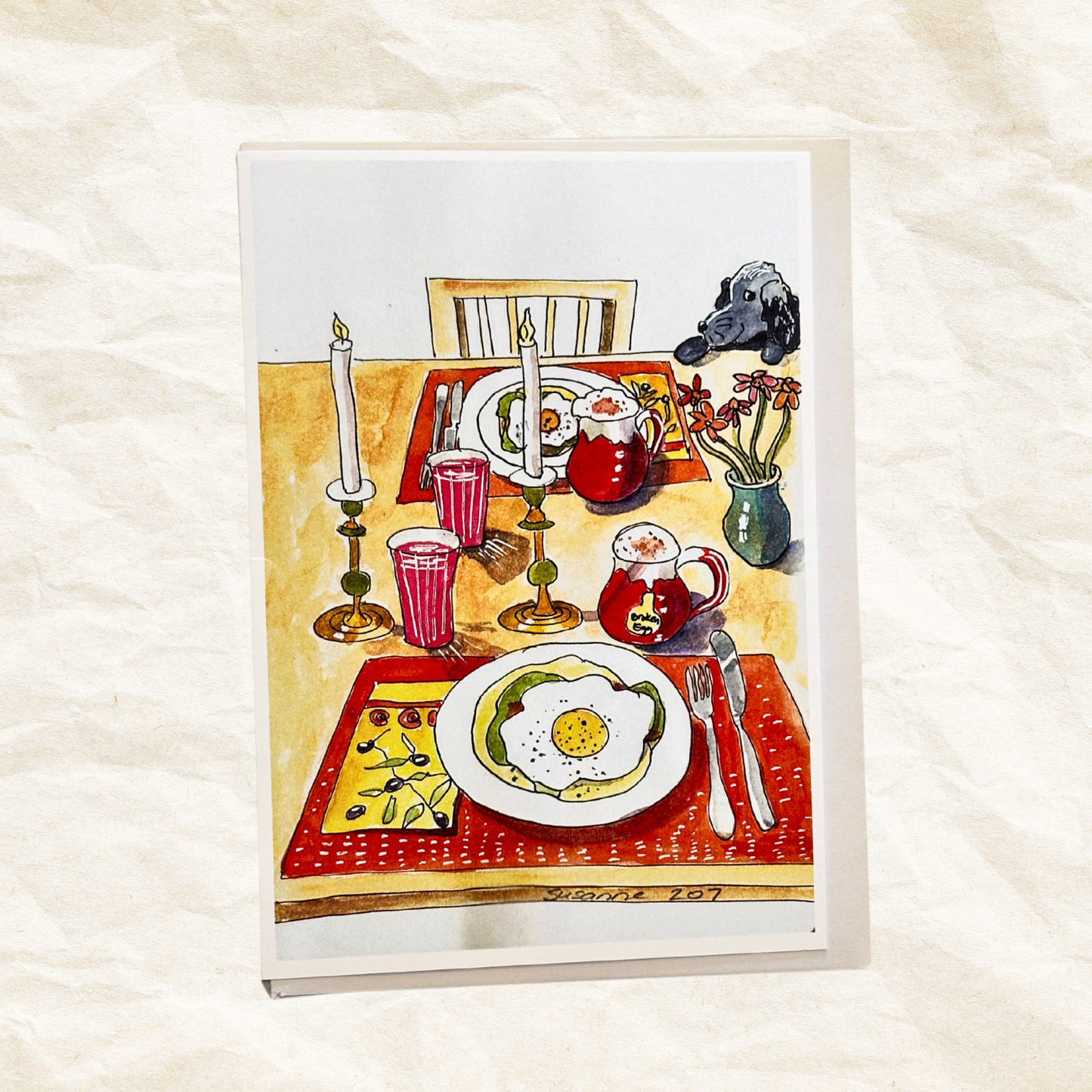 Illustration of a breakfast scene with a plate of eggs, coffee, and flowers on a table.