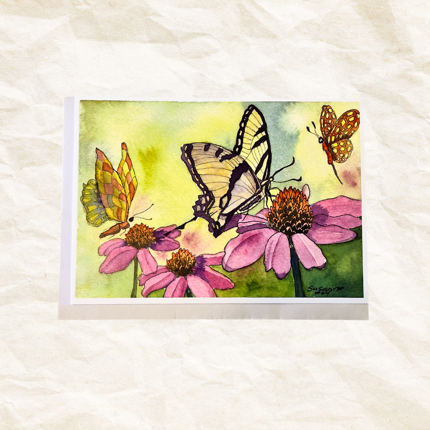 Illustration of butterflies on pink flowers with a watercolor effect on a textured white background.