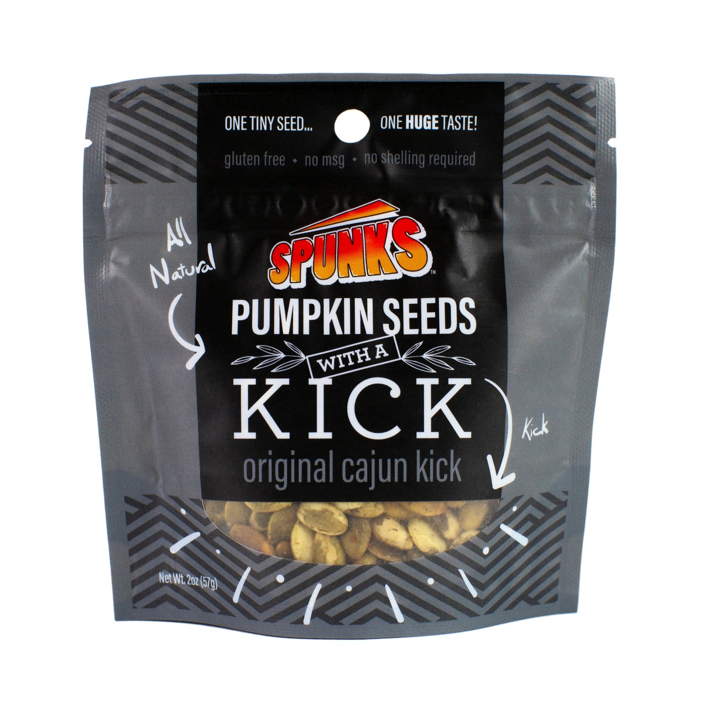 Spunks pumpkin seeds packaging with black background and text