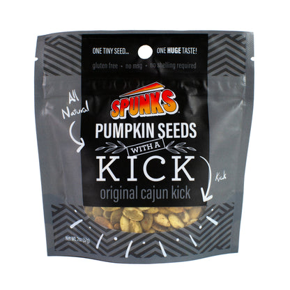 Spunks pumpkin seeds packaging with black background and text
