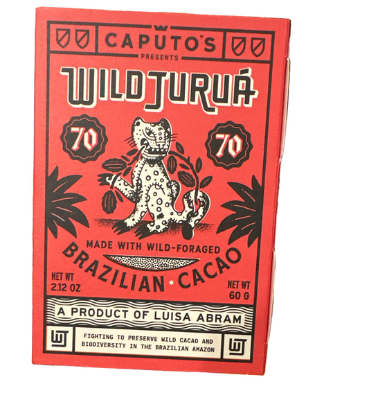 A package of Wild-Harvested Juruá Amazon Rainforest 70% Dark Chocolate by Luisa Abram, with a graphic of a jaguar on the front.