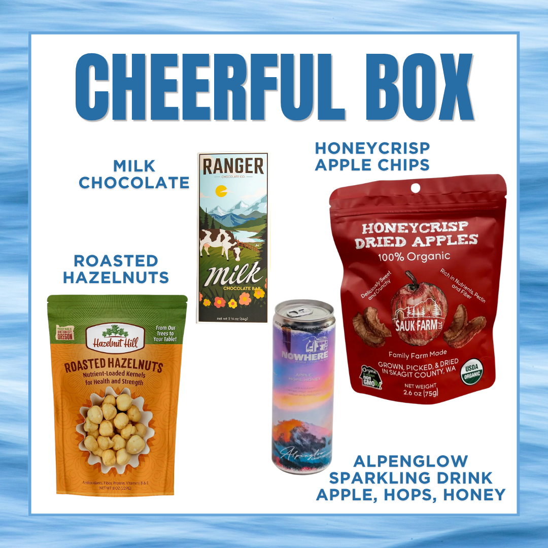 Promotional image of a 'Cheerful Box' with various snacks and drinks on a blue gradient background.