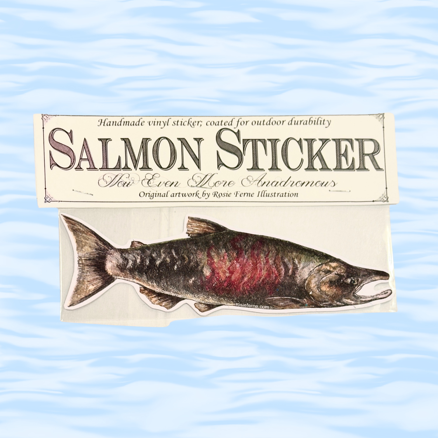 Salmon-shaped sticker on a card with text about the product on a wavy blue background