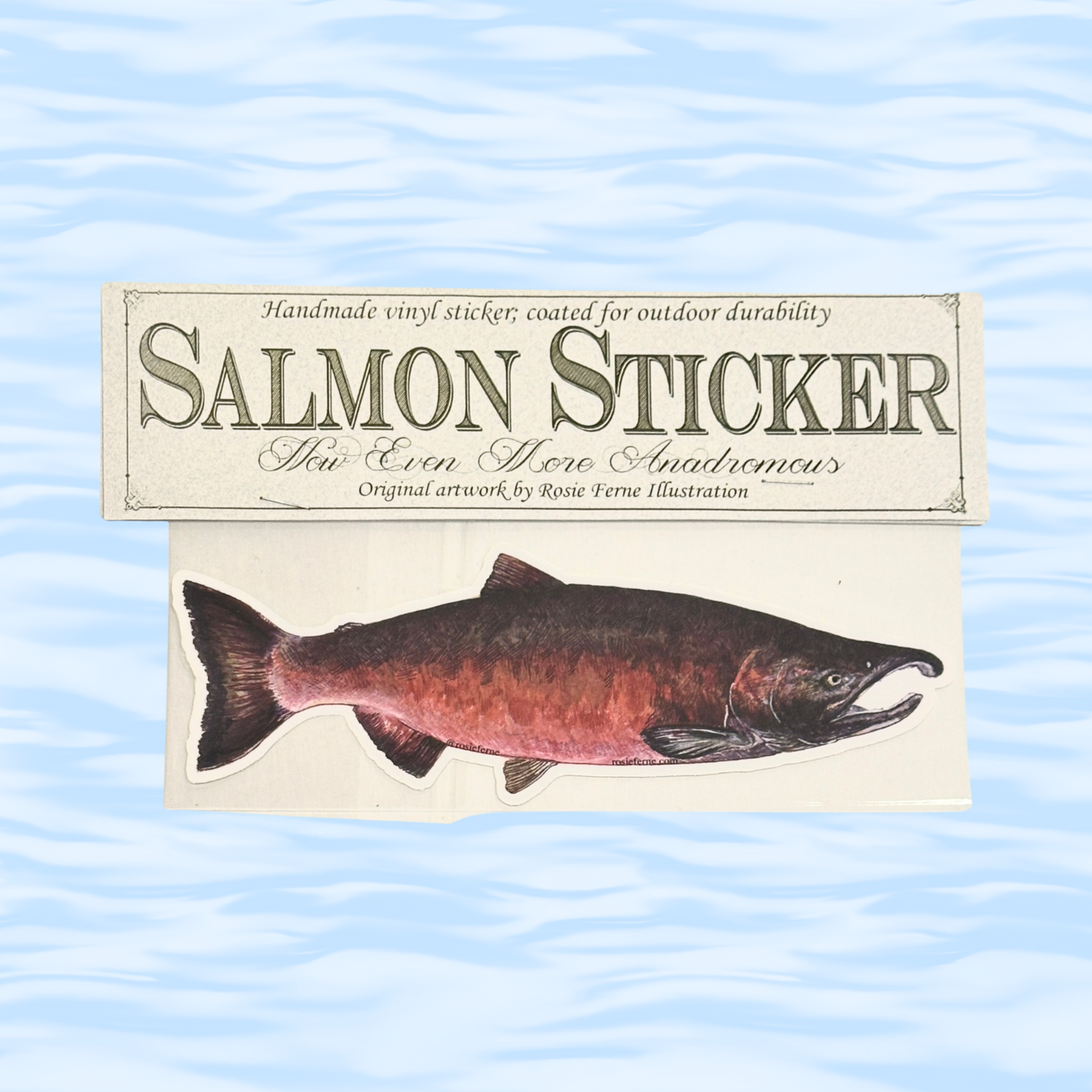 Salmon-shaped sticker on a card with text about the product on a wavy blue background
