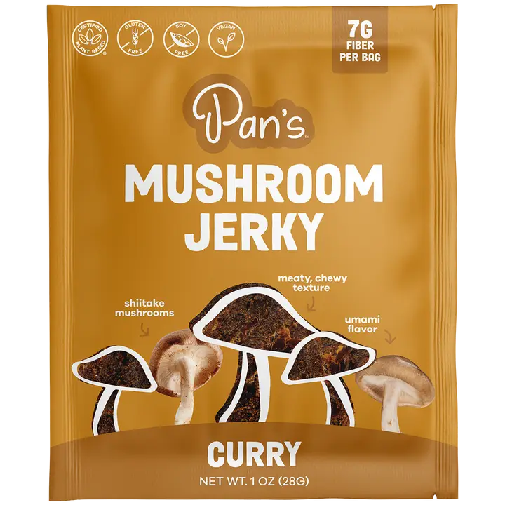 Packaging of Pan's Mushroom Jerky Curry flavor on a white background