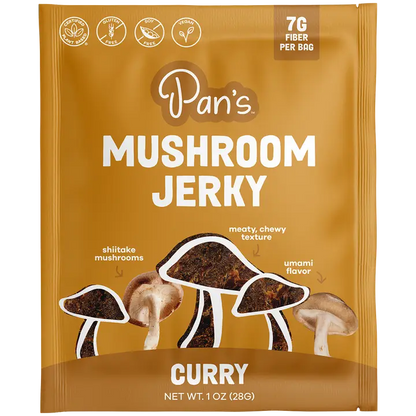 Packaging of Pan's Mushroom Jerky Curry flavor on a white background