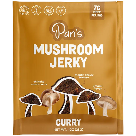 Packaging of Pan's Mushroom Jerky Curry flavor on a white background