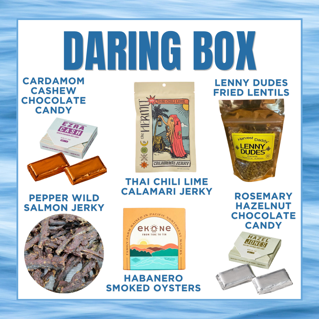 Promotional image of 'Daring Box' with various snack items on a blue gradient background
