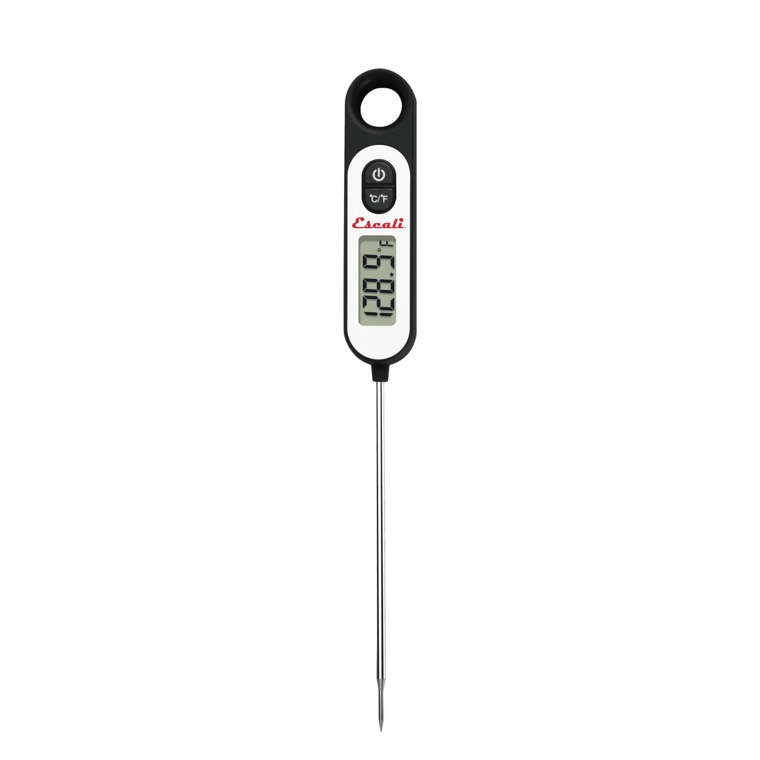 Digital thermometer with a black handle and digital display on a white background