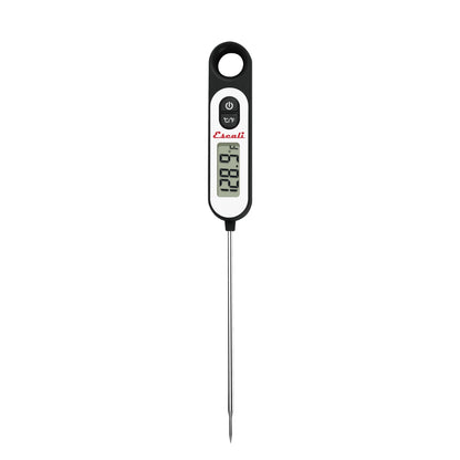 Digital thermometer with a black handle and digital display on a white background