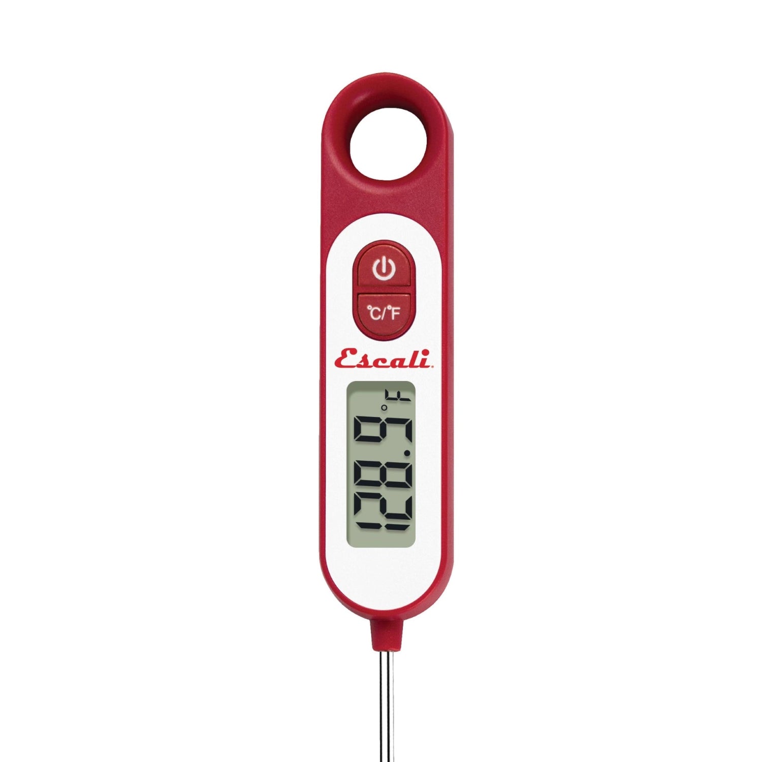 Digital thermometer with red and white design on a white background