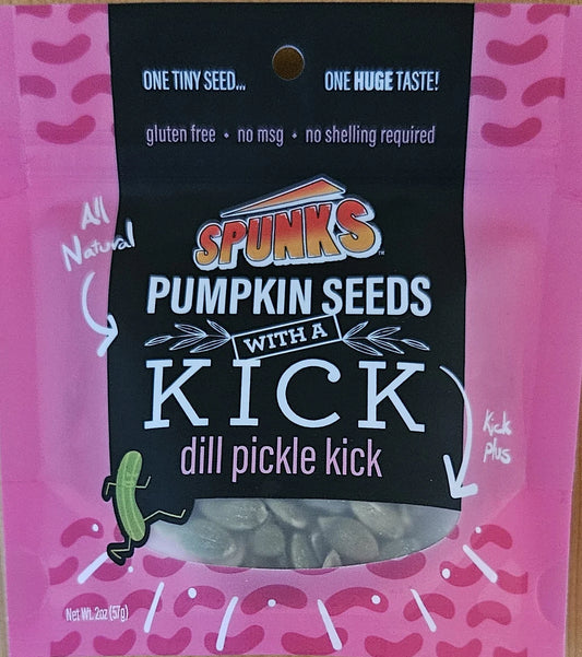 Spunks pumpkin seeds with a kick packaging on a pink background