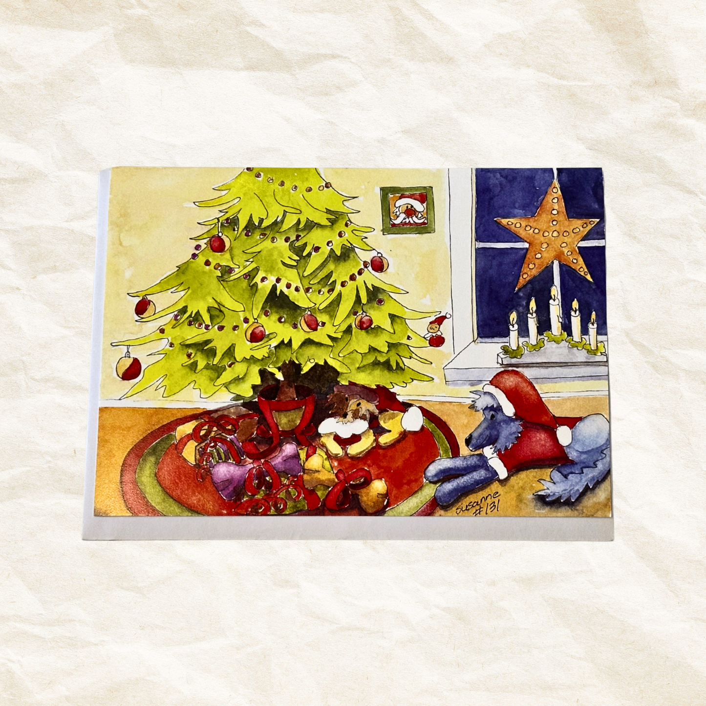 Christmas-themed illustration with a tree, presents, and a star on a white background