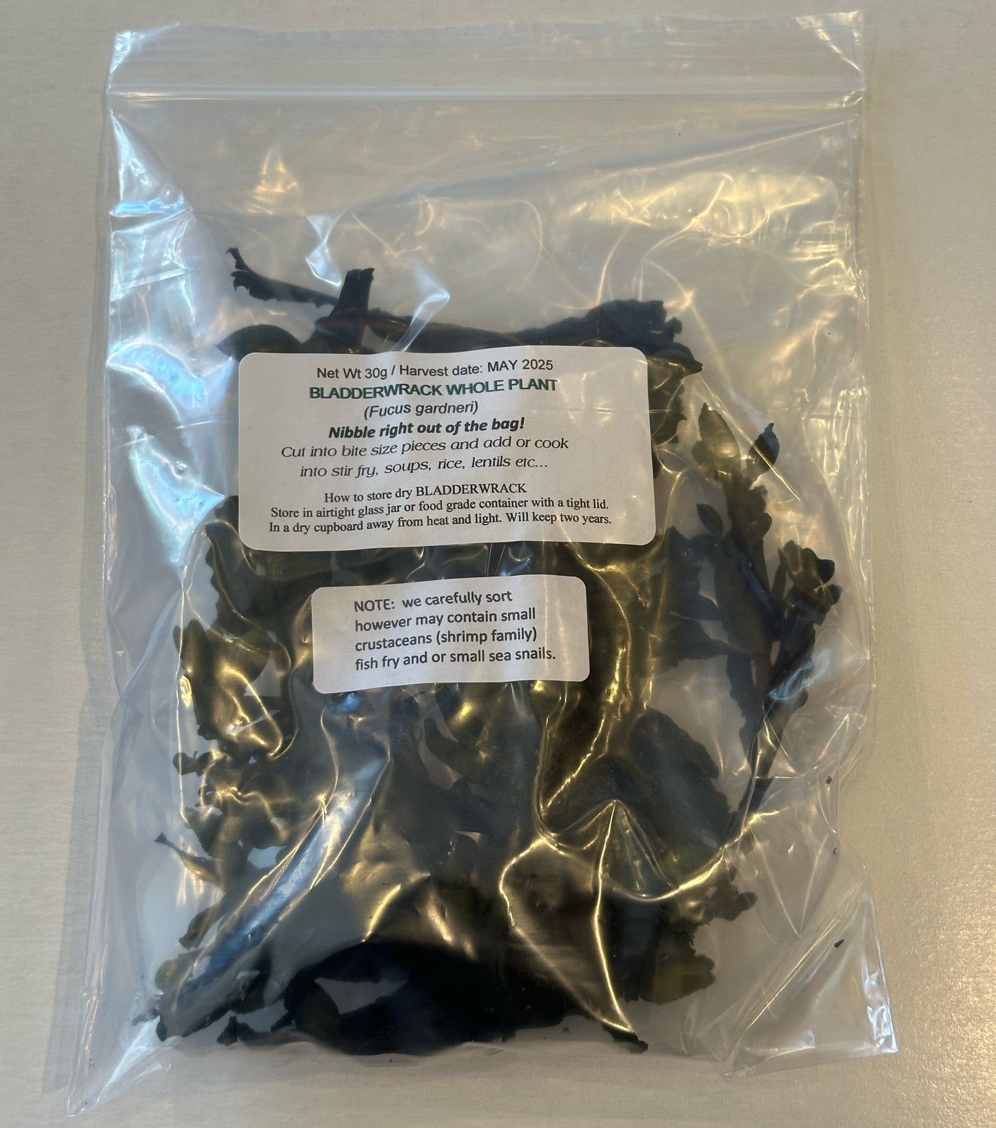 Clear plastic bag of dried seaweed